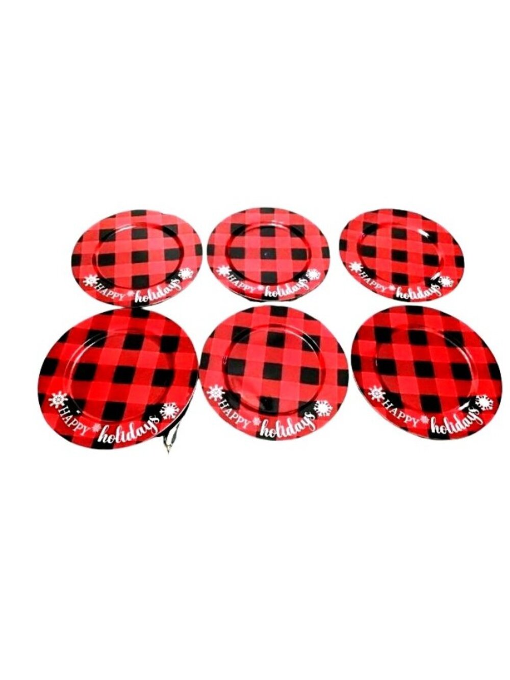 6 PIECE NEW 'Tis The Season Red & black buffalo Check Christmas Charger Plates